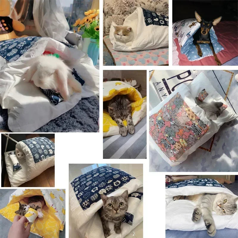 Collage of cats and dogs in various cozy pet beds.