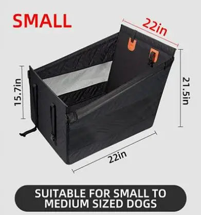 Black pet carrier with dimensions and suitability for small to medium-sized dogs on a gray background