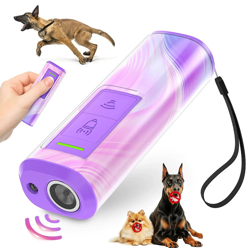 Purple electronic device for training dogs with a hand holding it, surrounded by dogs on a white background.