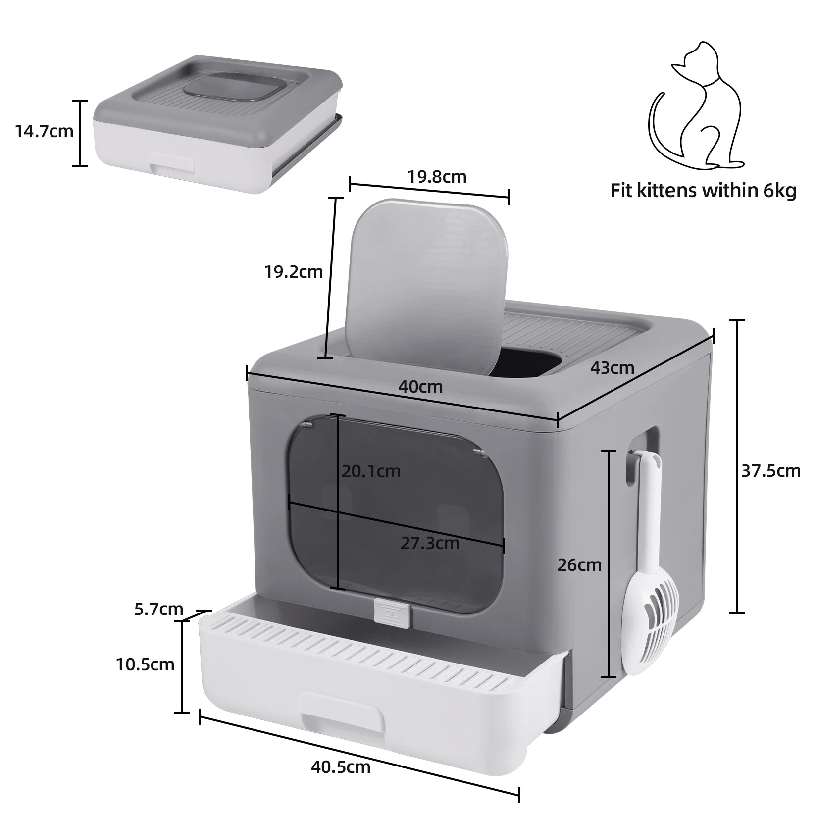 Gray pet litter box with dimensions and cat icon indicating weight capacity.