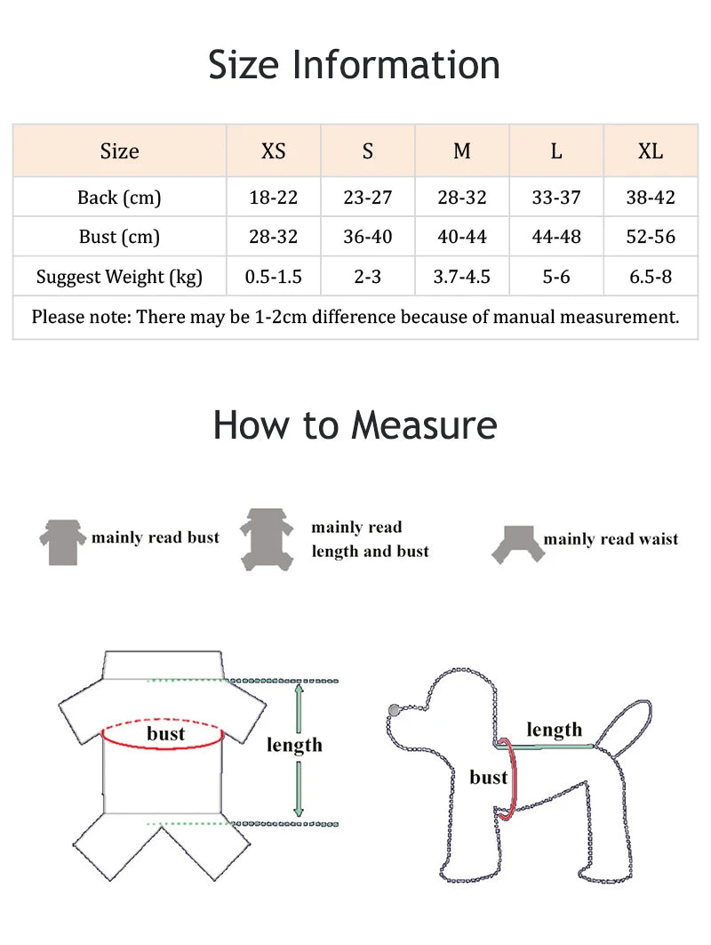 Size chart and measurement guide for clothing with text and diagrams.