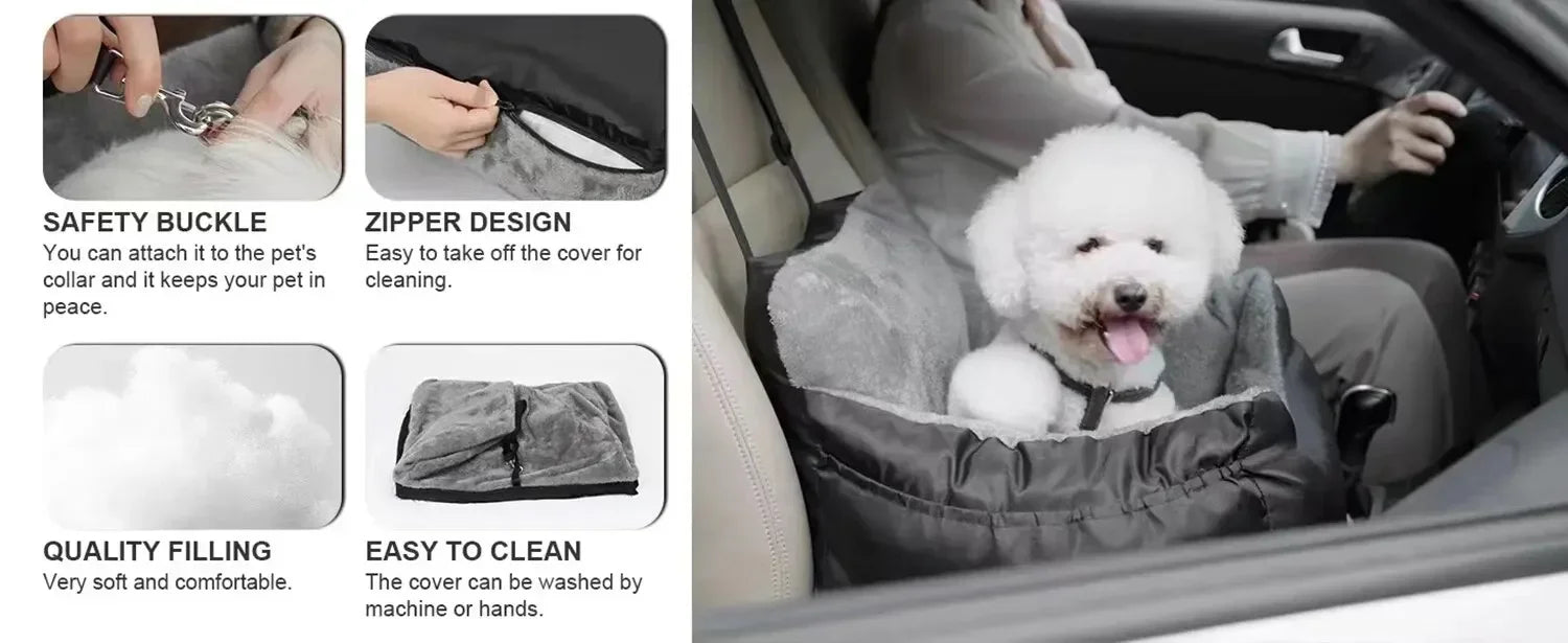Pet car seat cover with safety buckle, zipper design, and quality filling features.