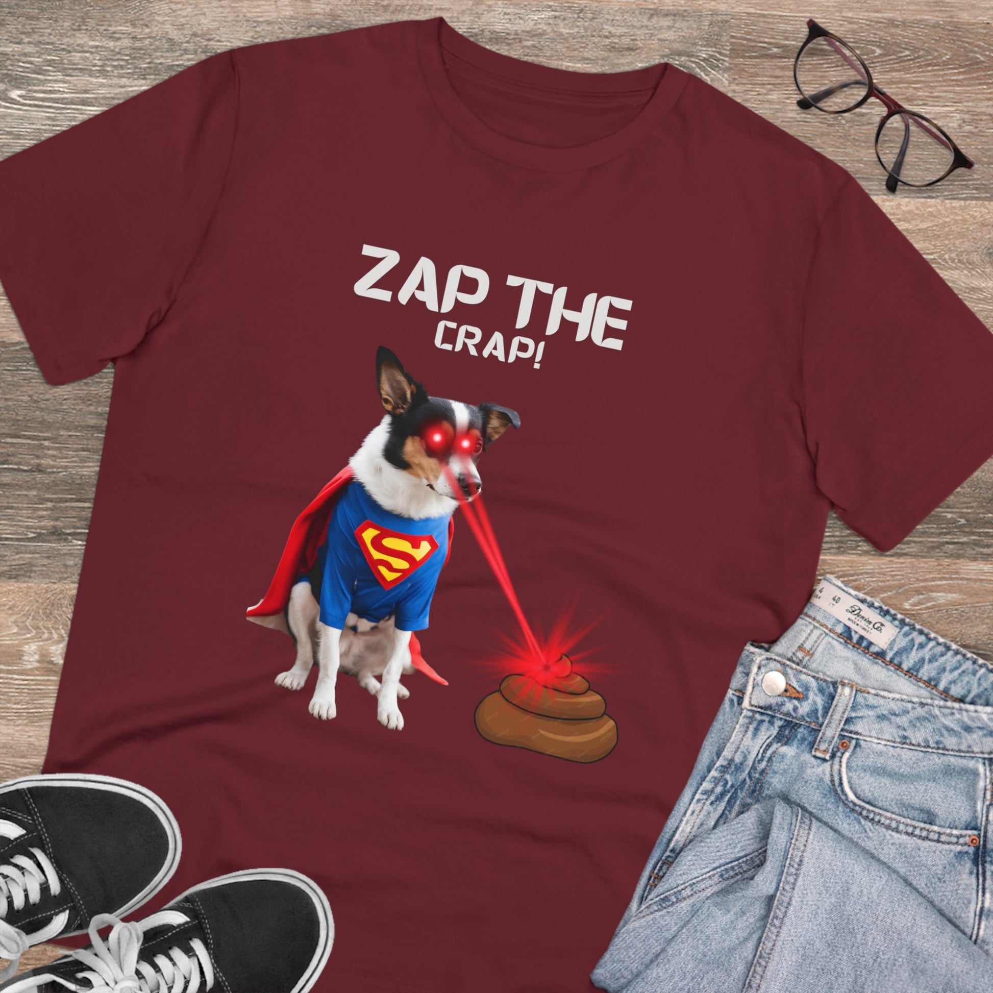 "ZAP THE CRAP" Organic Creator T-BURGUNDY DOG LOVERS TSHIRTSniff Waggle And Walk