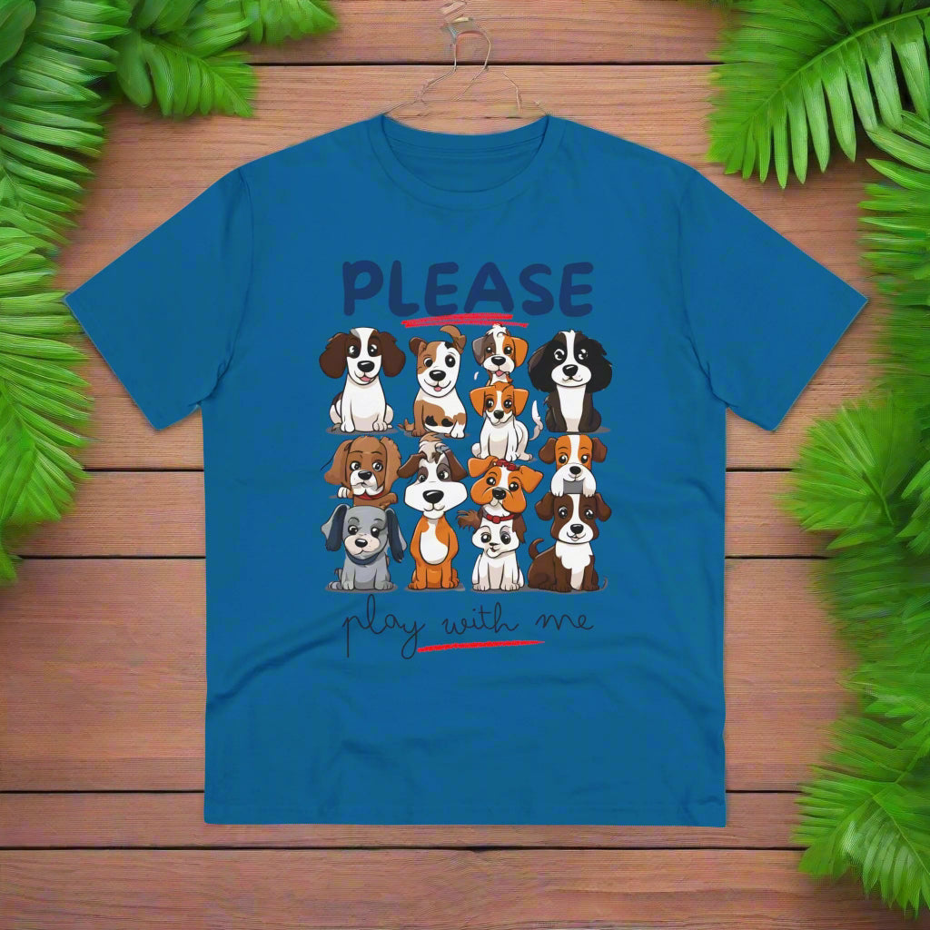 "PLEASE PLAY WITH ME" Soft Organic T-shirt - Unisex - Sniff Waggle And Walk BLUE