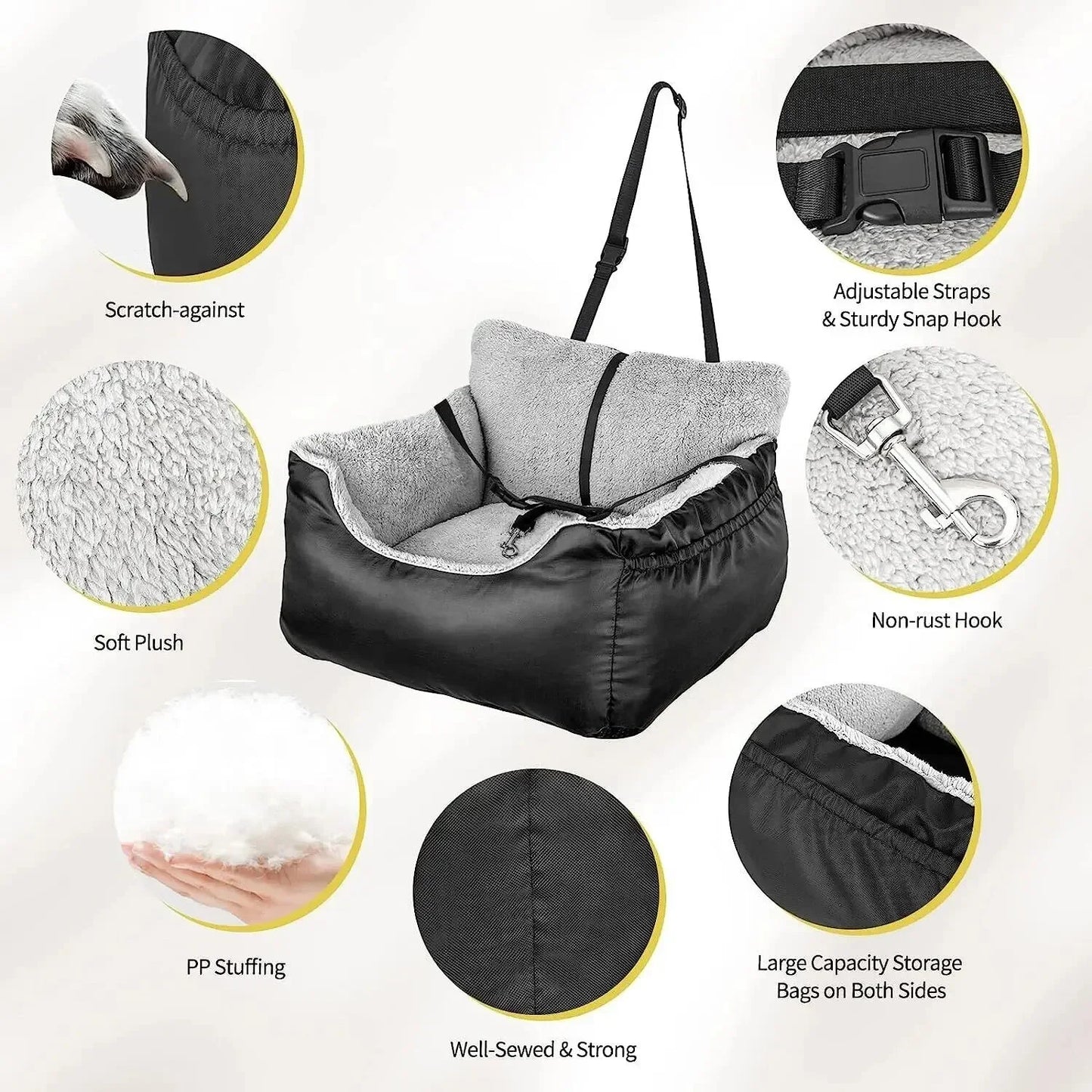 Dog car seat with features highlighted on a white background