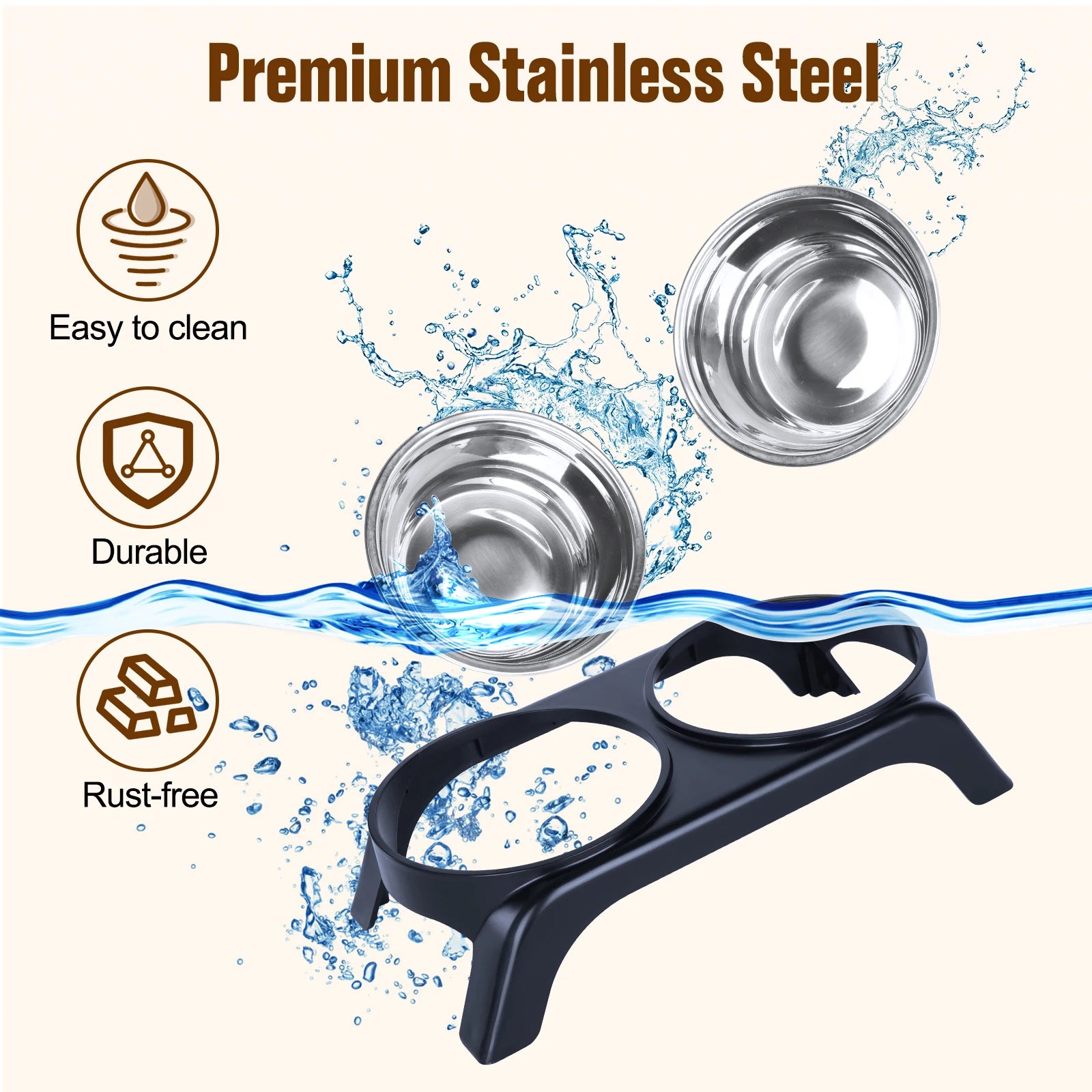 Pet water bowls with a black stand, featuring stainless steel material and water splashes on a white background.