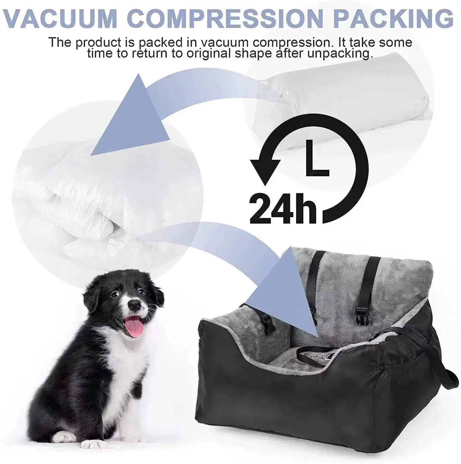 Vacuum compression packaging for a pet product with a dog sitting next to it.