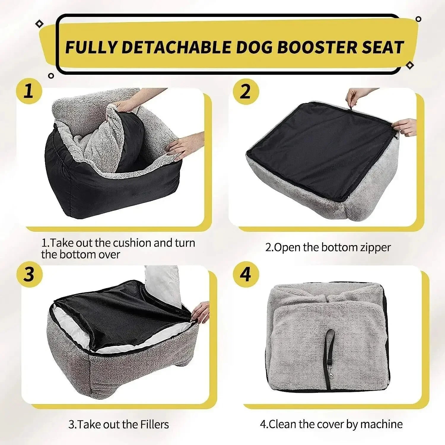 Instructions for using a fully detachable dog booster seat with images of the process.