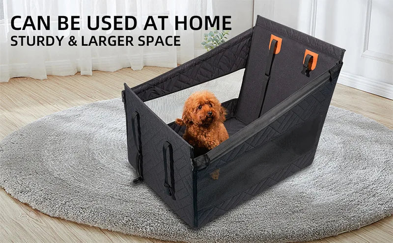 Pet carrier with a dog inside on a rug in a home setting