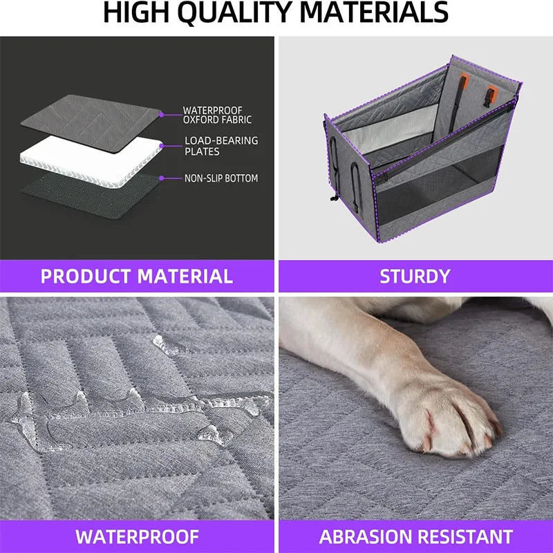 Dog crate with material features highlighted, including waterproof Oxford fabric and abrasion resistance.