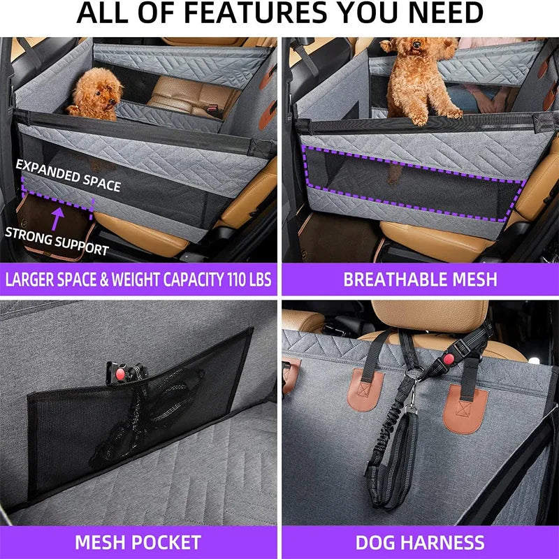 Pet car seat cover with features highlighted on a purple background