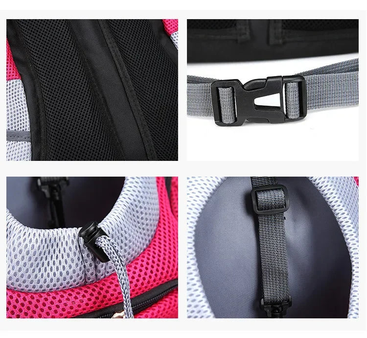 Close-up details of a dog backpack with straps and mesh design on a white background.