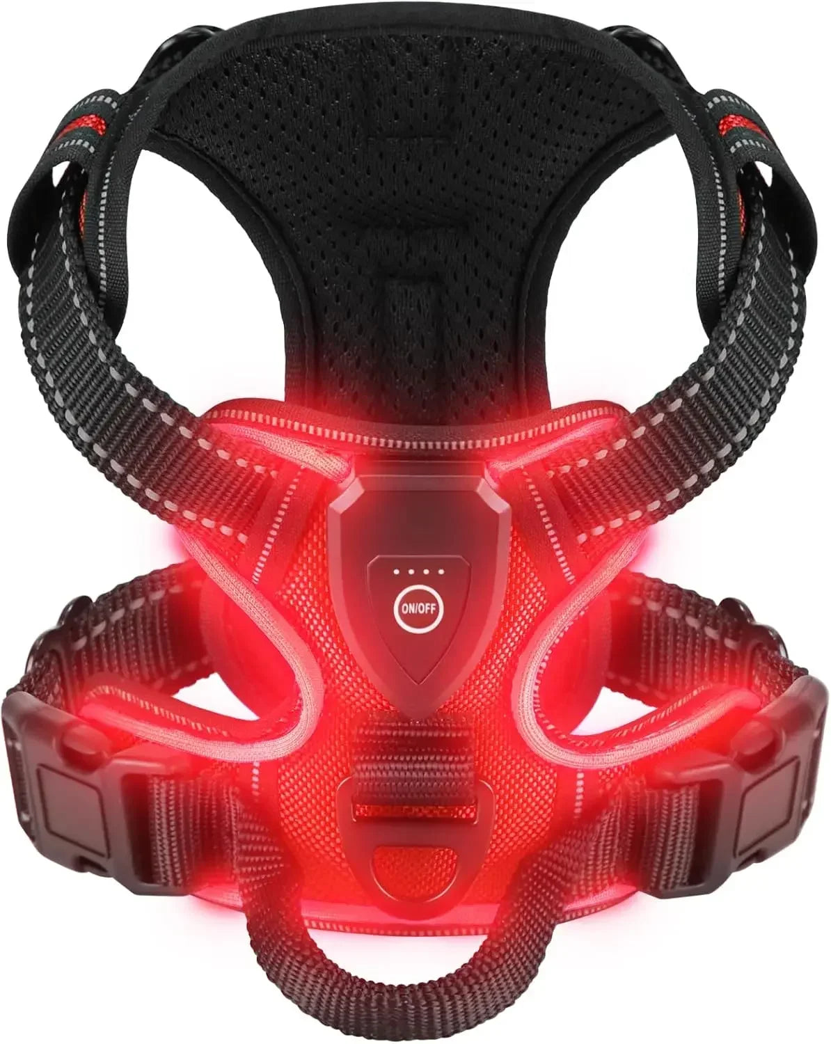 Black and red dog harness with glowing red lights on a white background