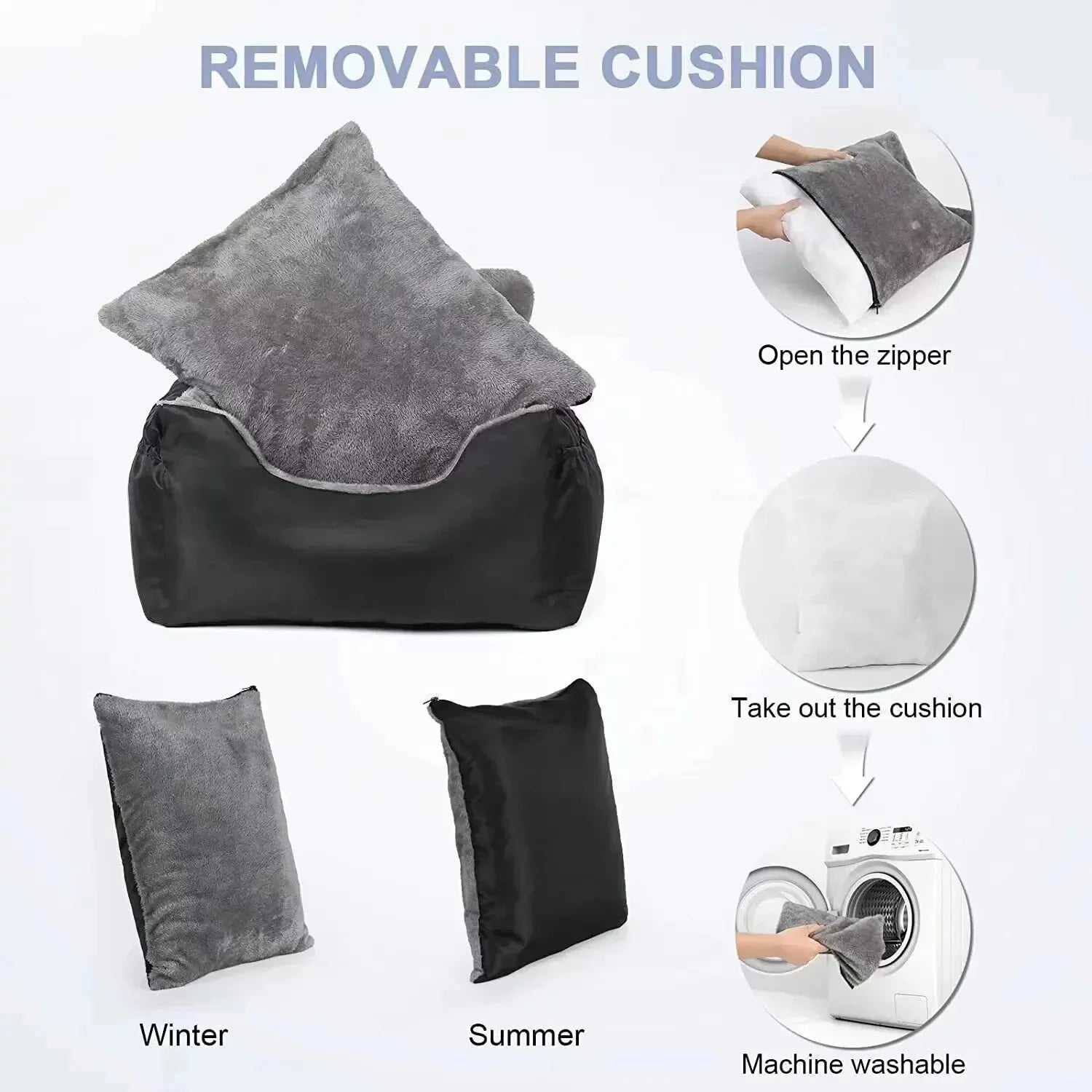 Removable cushion with instructions on how to open the zipper, take out the cushion, and machine wash it.