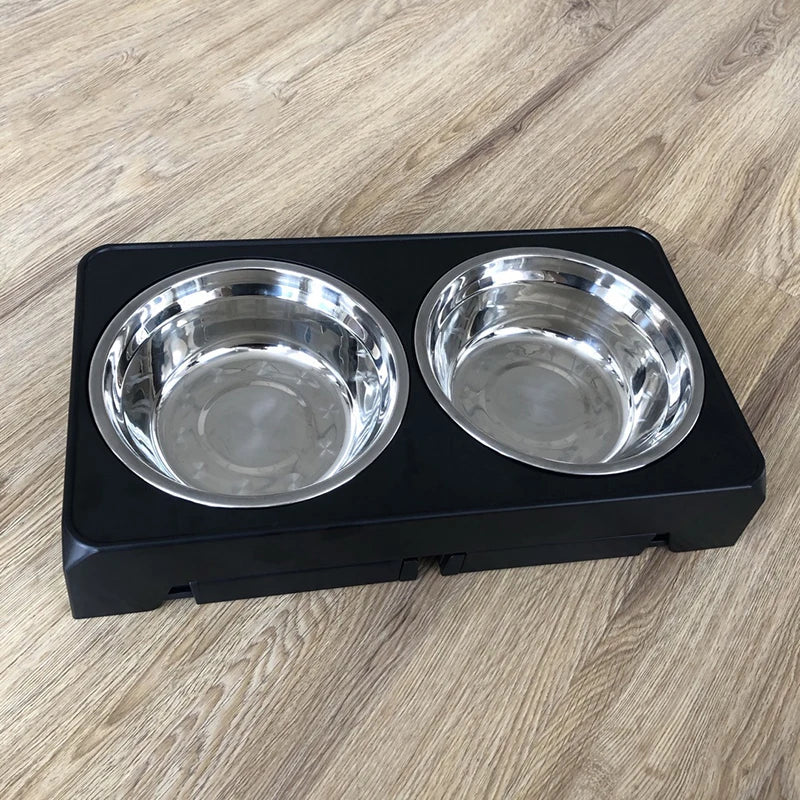 Raised dog bowl set with two stainless steel food and water bowls