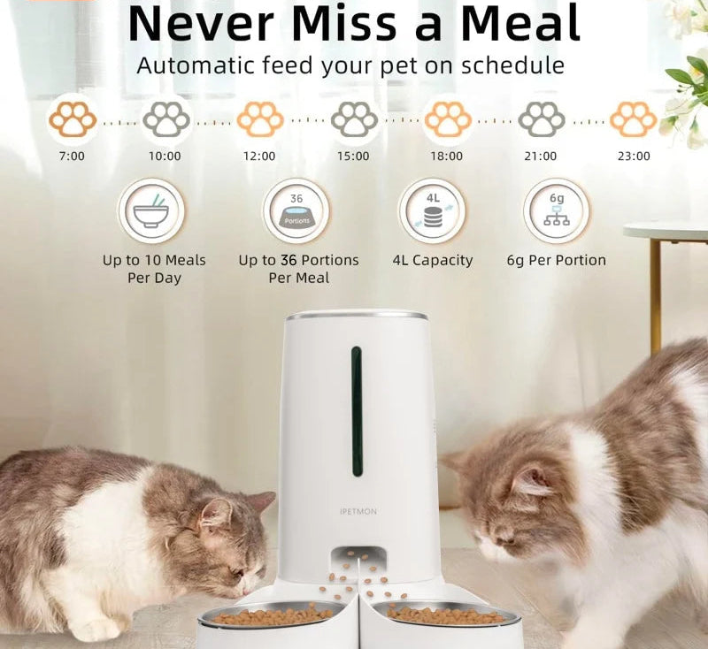 Automatic pet feeder with two stainless steel bowls for multi-pet households.