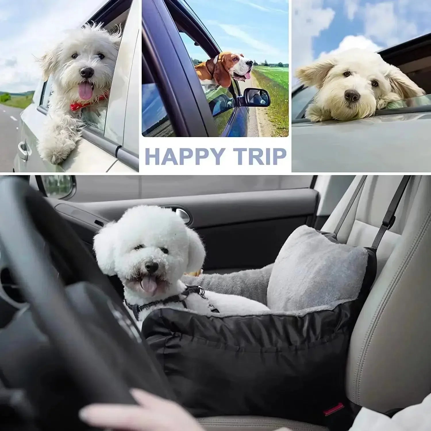Collage of dogs in a car with 'Happy Trip' text and a dog in a car seat.