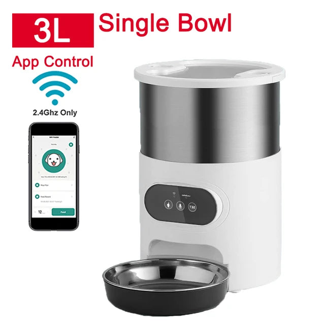 Pet food dispenser with app control feature on a white background
