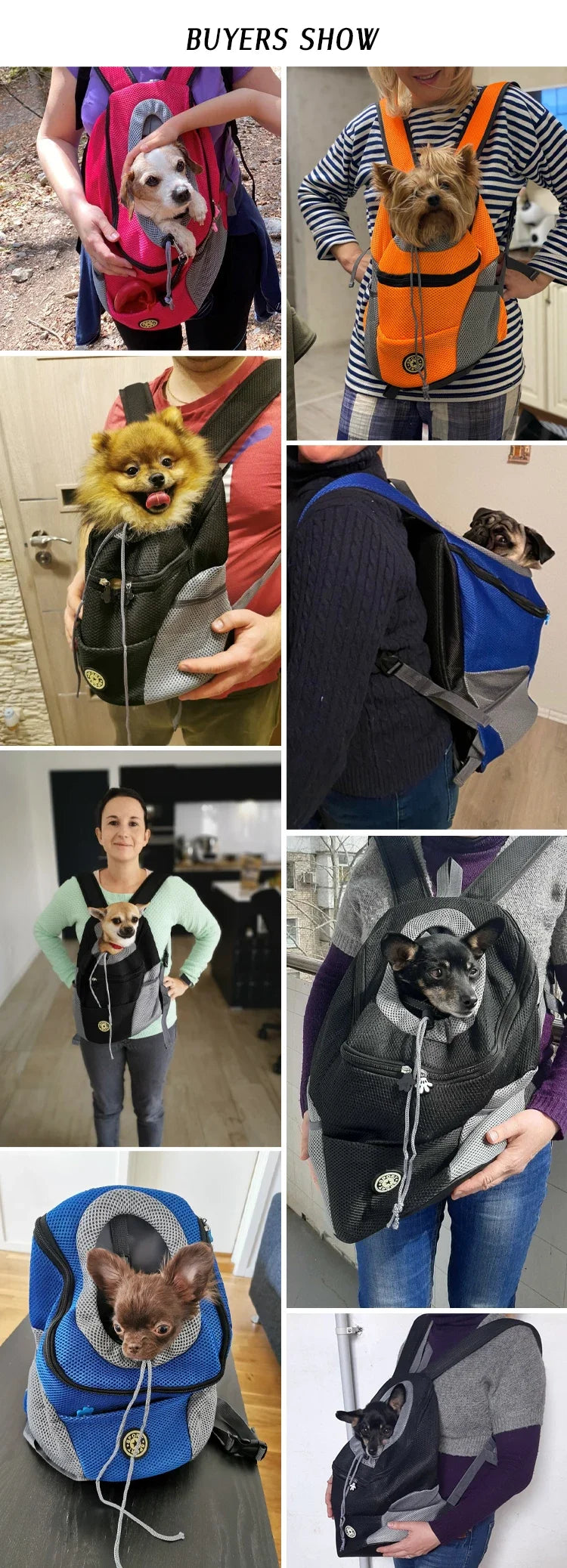 Collage of people using various pet carriers with pets inside.
