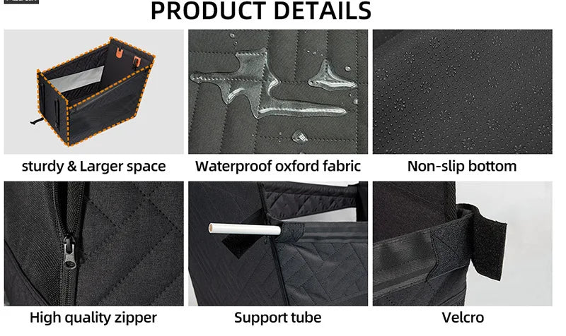 Product details of a blackdog car seat features like sturdy space, waterproof fabric, non-slip bottom, high-quality zipper, support tube, and velcro.