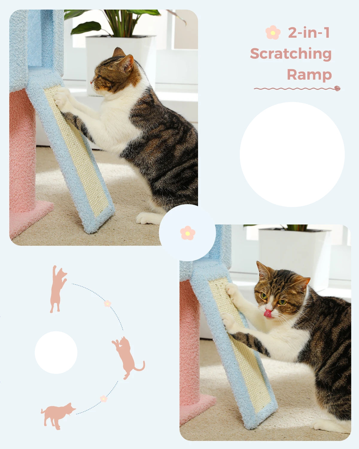 Cat using a 2-in-1 scratching ramp with text describing its features.