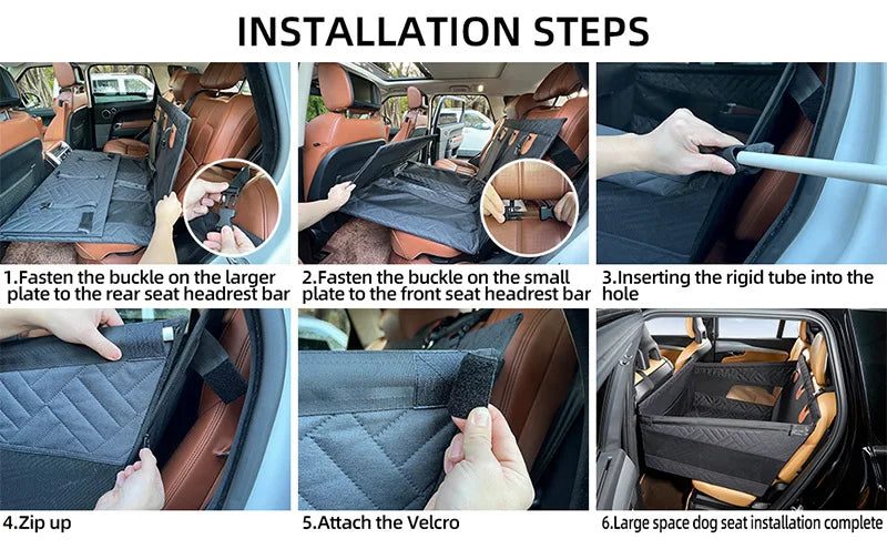 Step-by-step installation guide for a car seat  for dogs cover with hands performing each step.