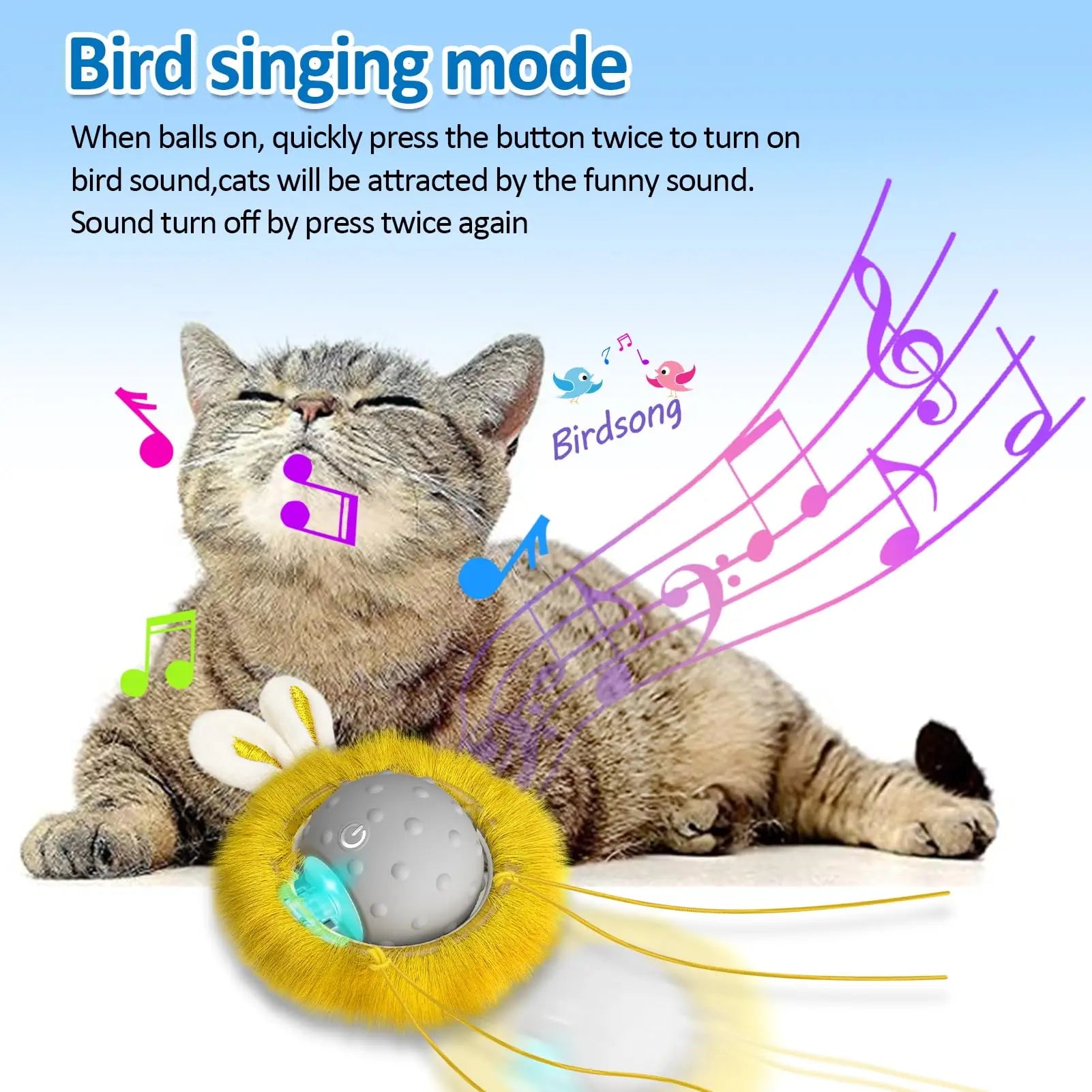 Cat playing with a bird-shaped toy with musical notes and text explaining the 'bird singing mode'.