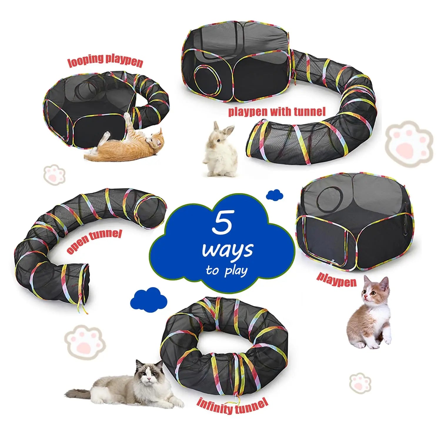 Pet playpen with tunnel and various ways to use it on a white background