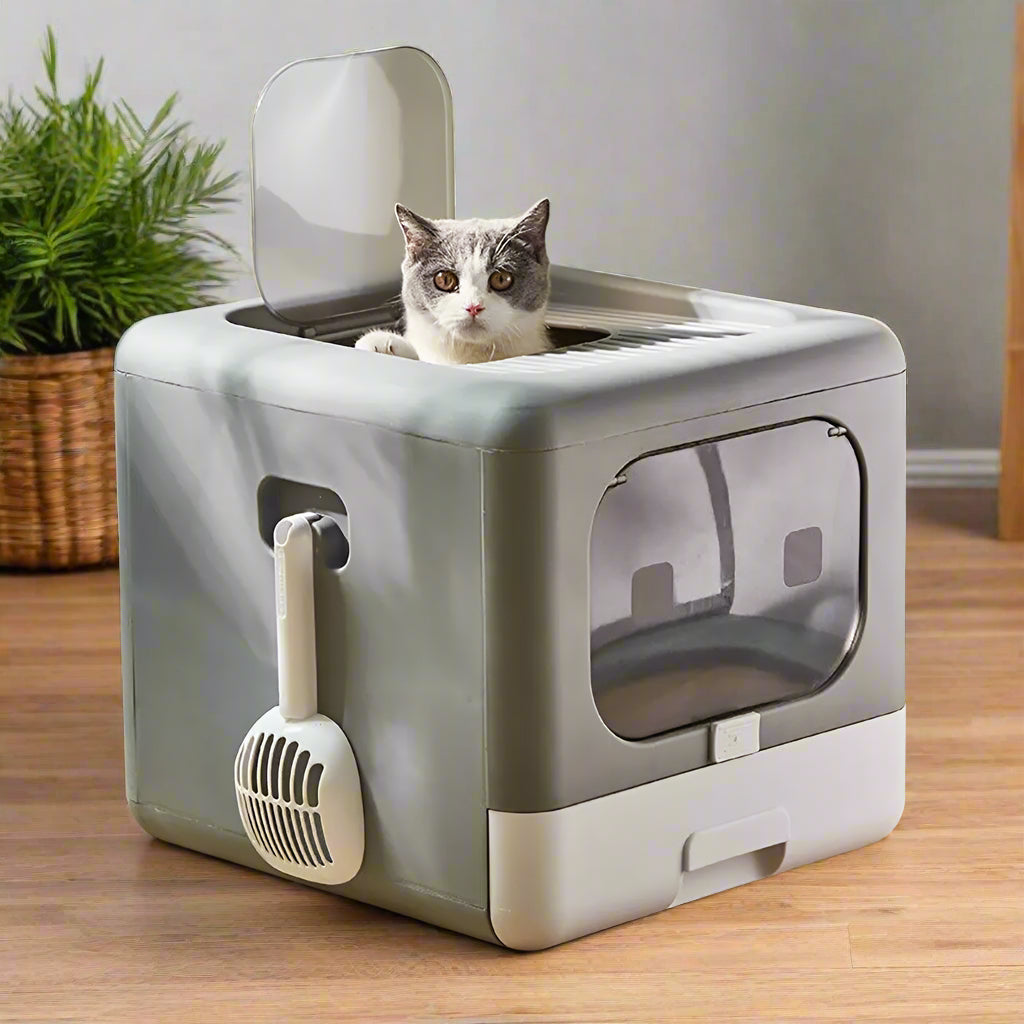 Eco friendly foldable cat litter box with pull out drawer for easy cleaning.