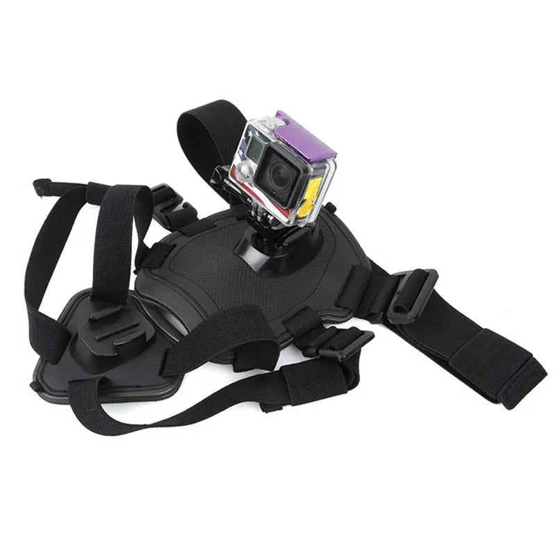 Black dog chest mount harness with GoPro camera on a white background