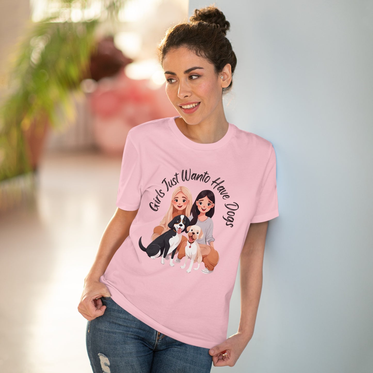 "GIRLS JUST WANTO HAVE DOGS" Organic T-shirt - Unisex - Sniff Waggle And Walk pink