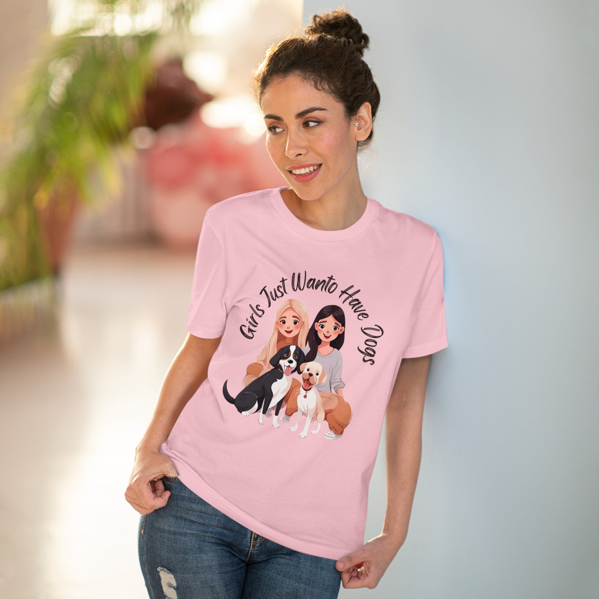 "GIRLS JUST WANTO HAVE DOGS" Organic T-shirt - Unisex - Sniff Waggle And Walk pink
