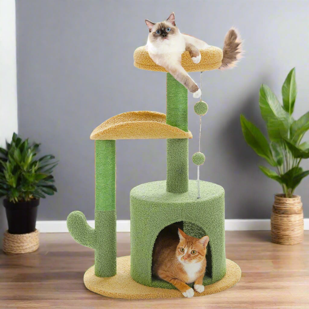 Cat tree with two cats on a white background