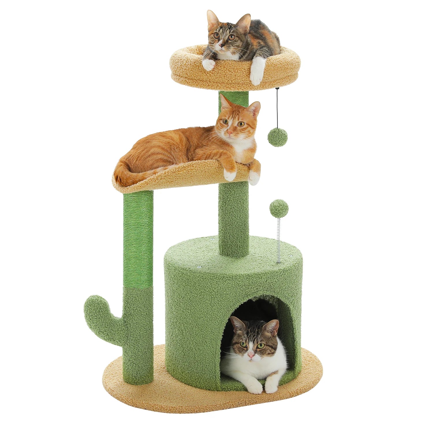 Cat tree with three cats on a white background