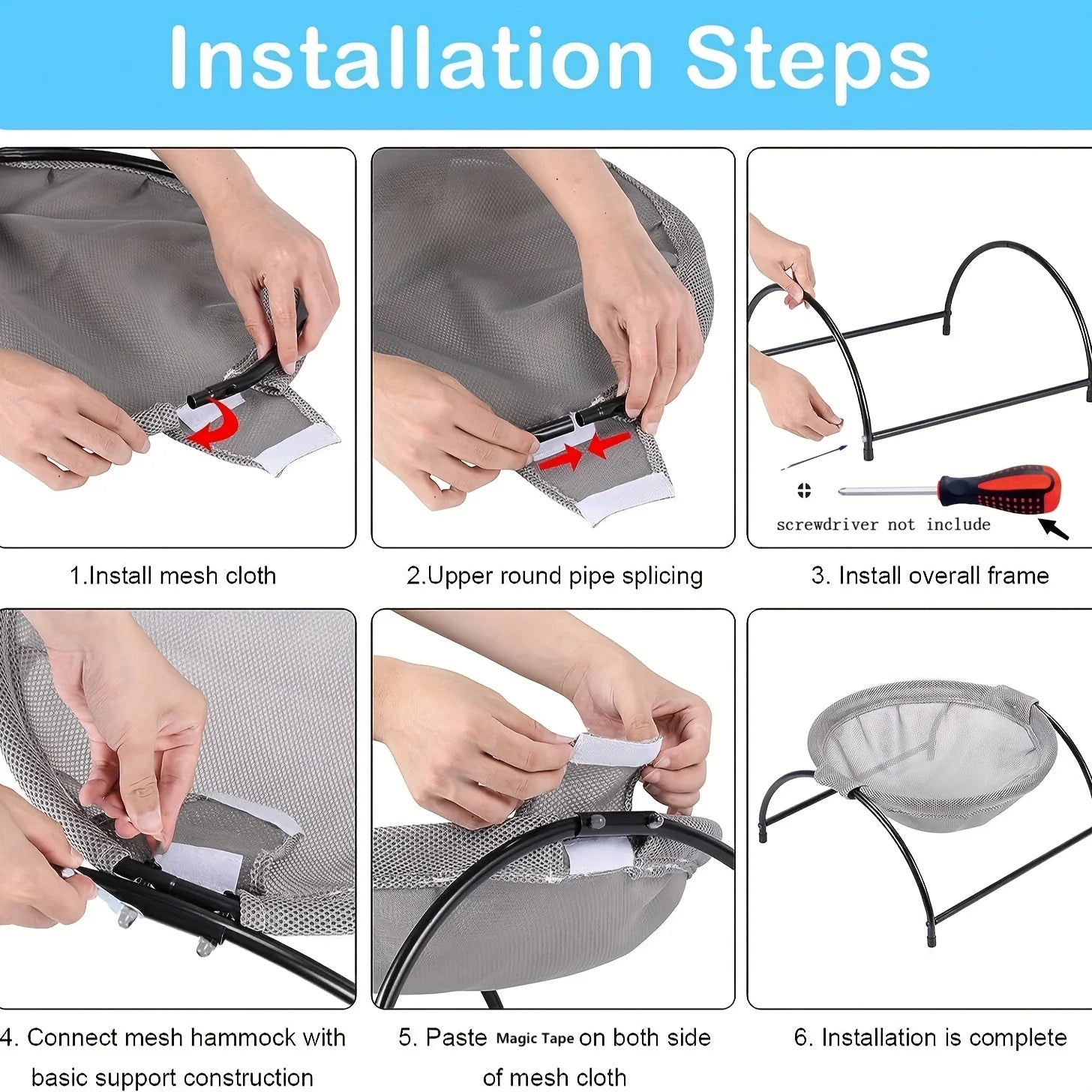 Step-by-step installation guide for a mesh screen or similar product with hands performing each step.