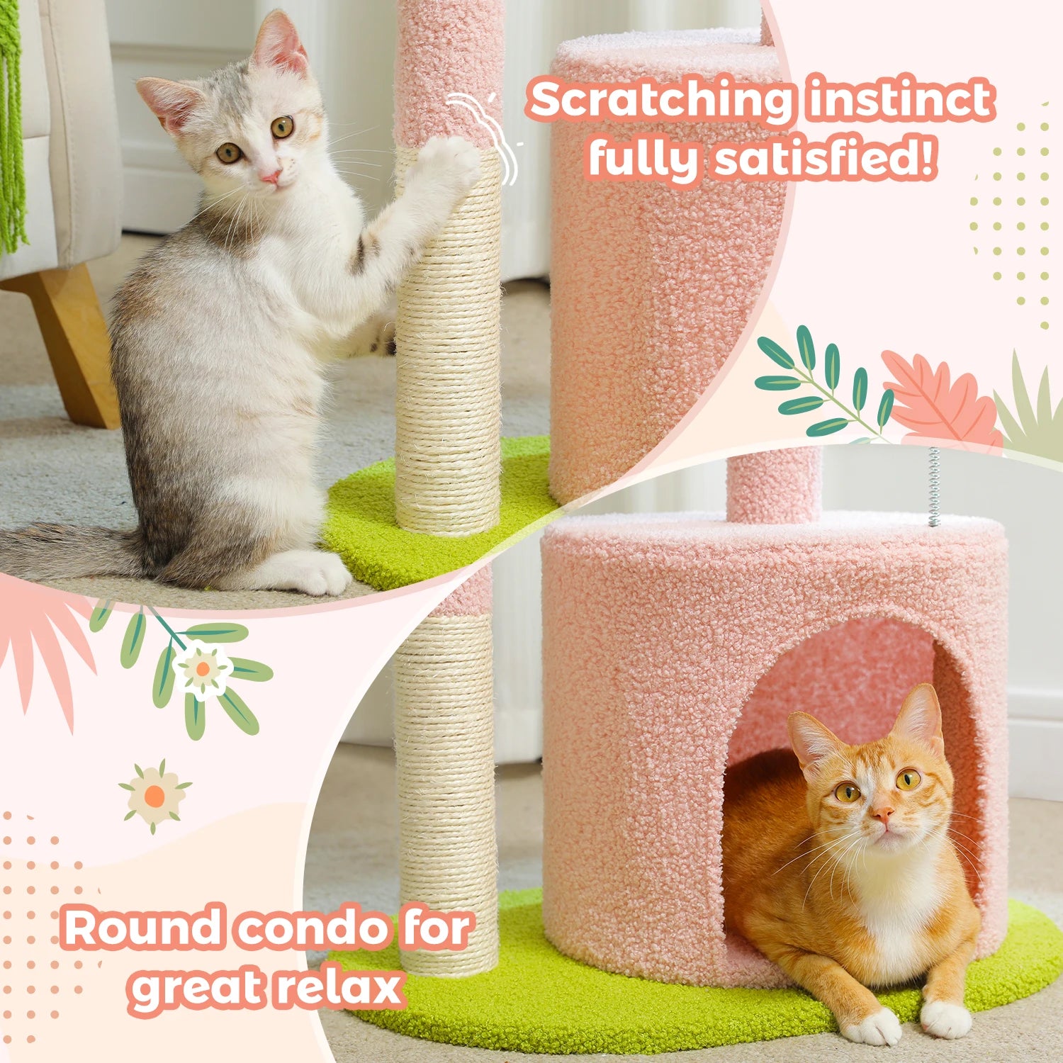 Two cats interacting with a pink cat tree with a round condo and scratching post.