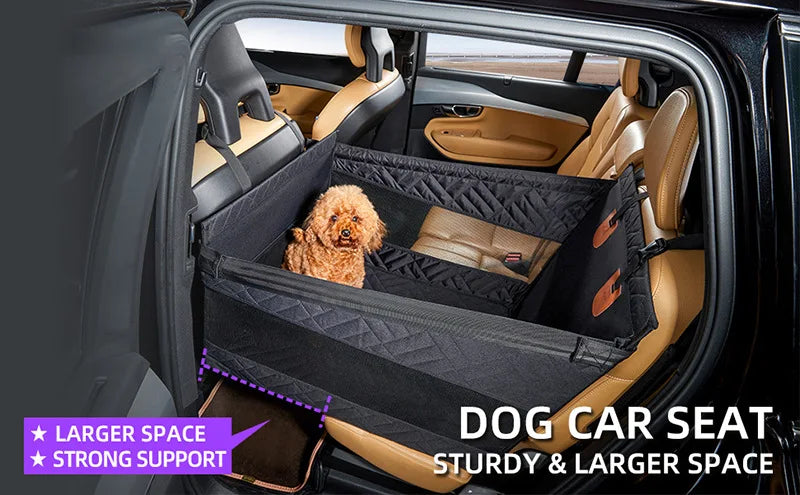 Dog car seat in a vehicle with a dog inside, labeled 'Larger Space' and 'Strong Support'.