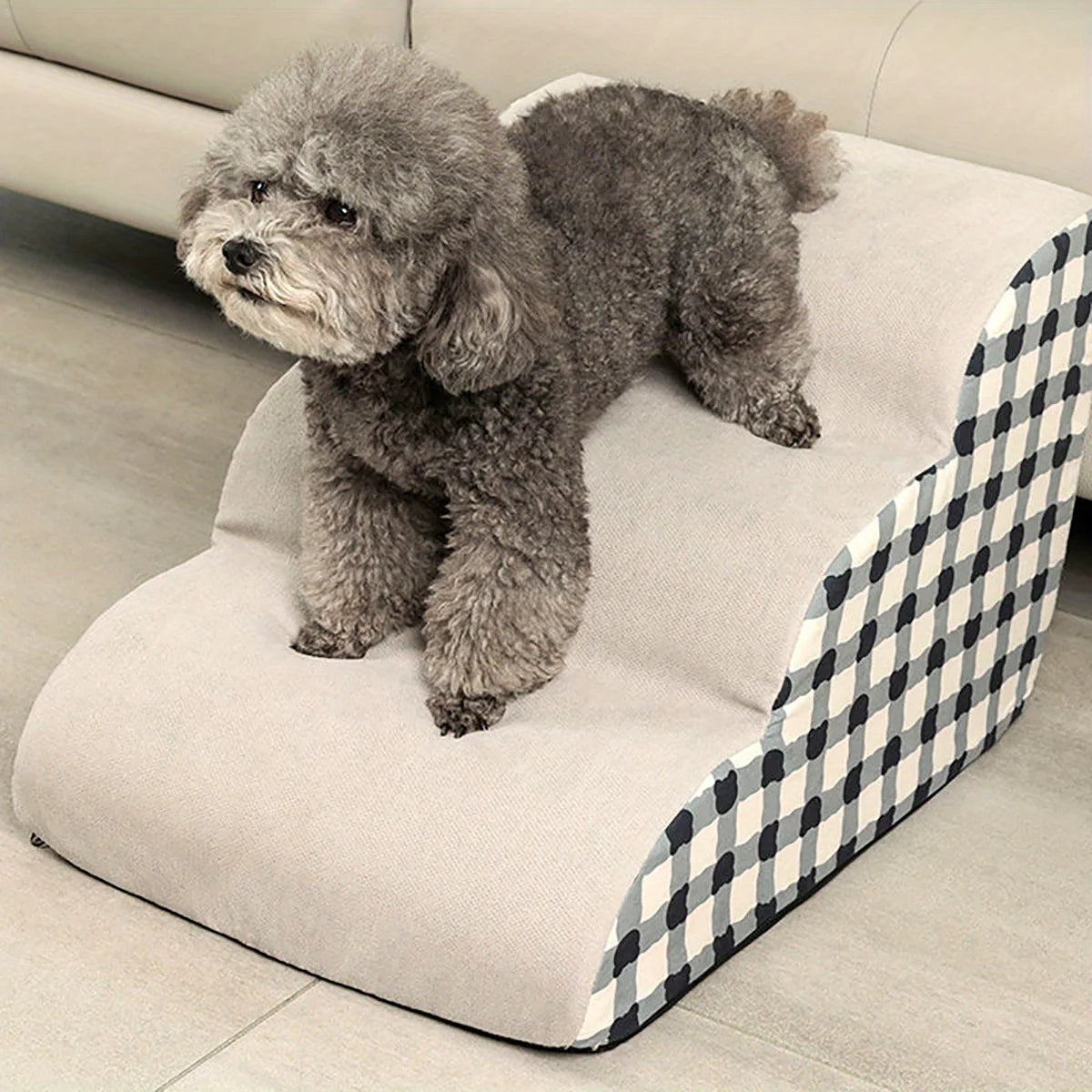 Small dog sitting on a cushioned pet bed with checkered pattern