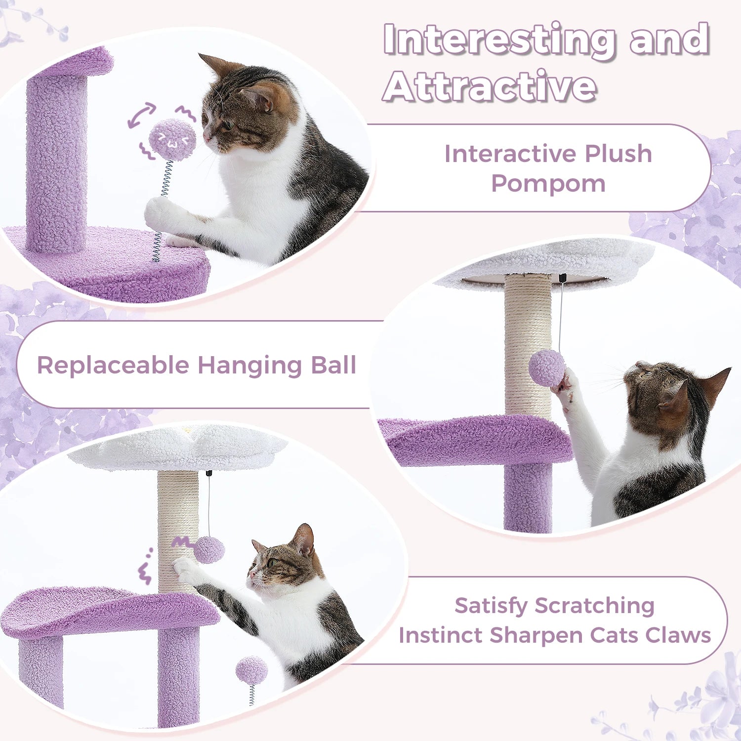 Cat playing with a purple cat tree with a replaceable hanging ball on a light purple background.