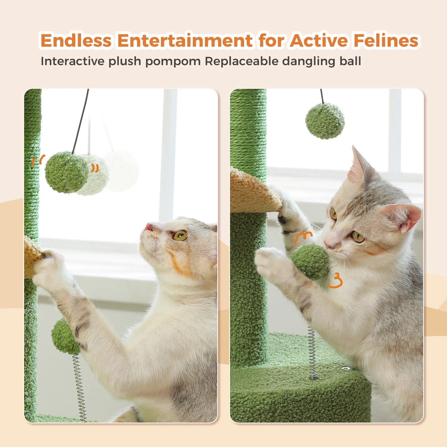 Cat playing with a green plush pom-pom attached to a scratching post, with text 'Endless Entertainment for Active Felines' above.