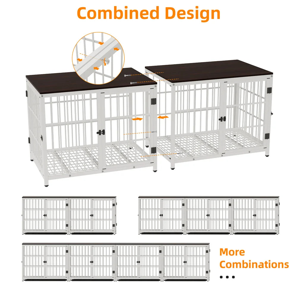 Dog crates with a combined design feature, showing different configurations.
