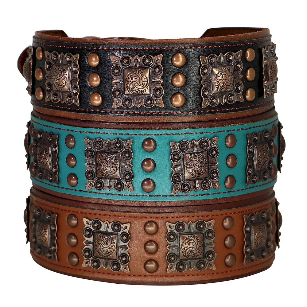 Decorative leather dog collor belt with metal studs and patterns on a white background