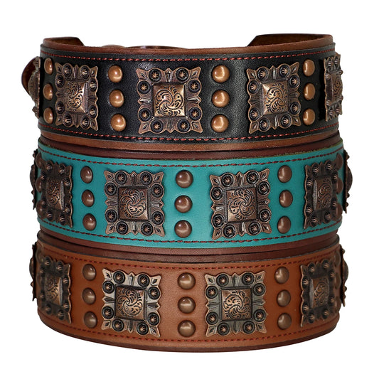 Decorative leather dog collor belt with metal studs and patterns on a white background