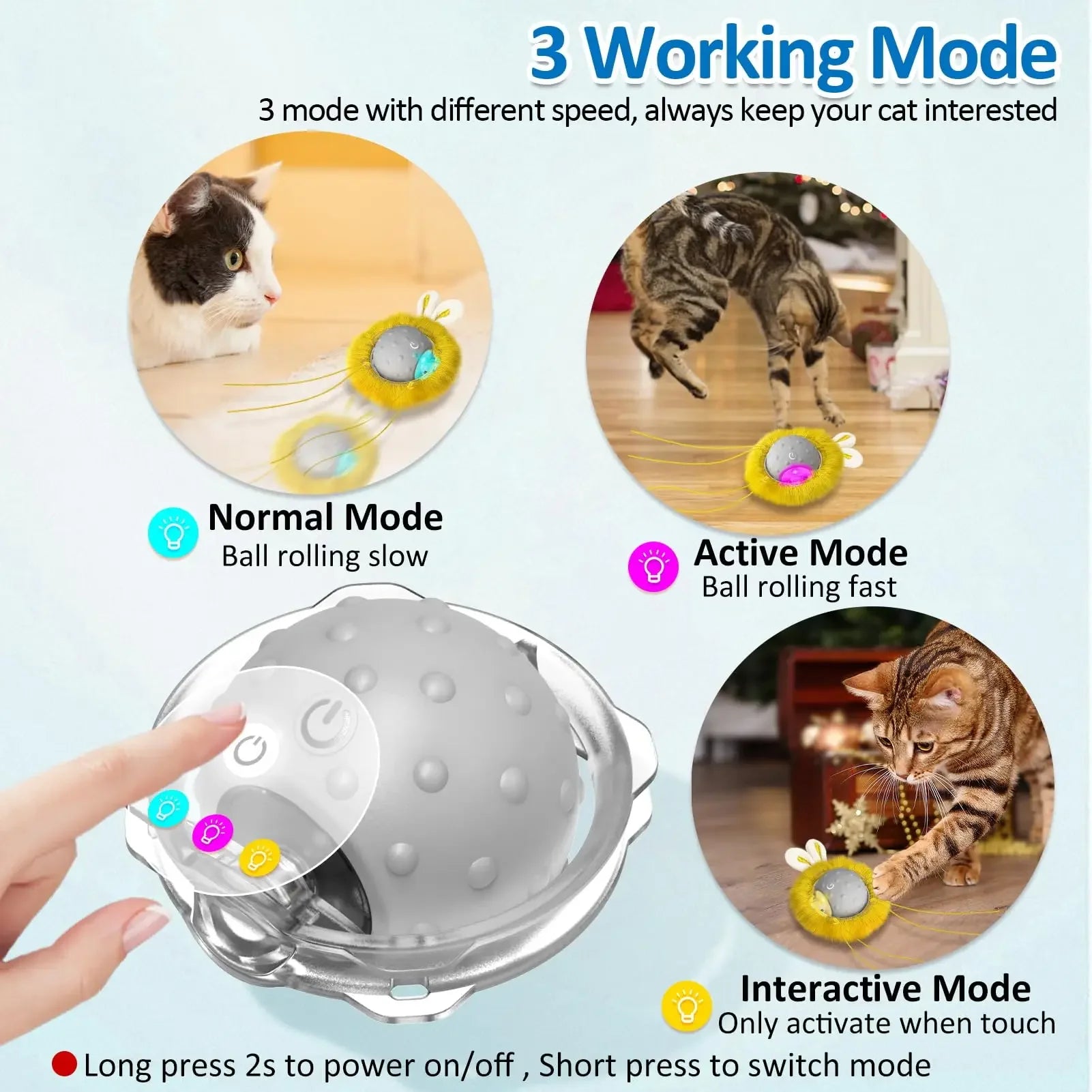 Cat toy with three working modes shown on a light blue background