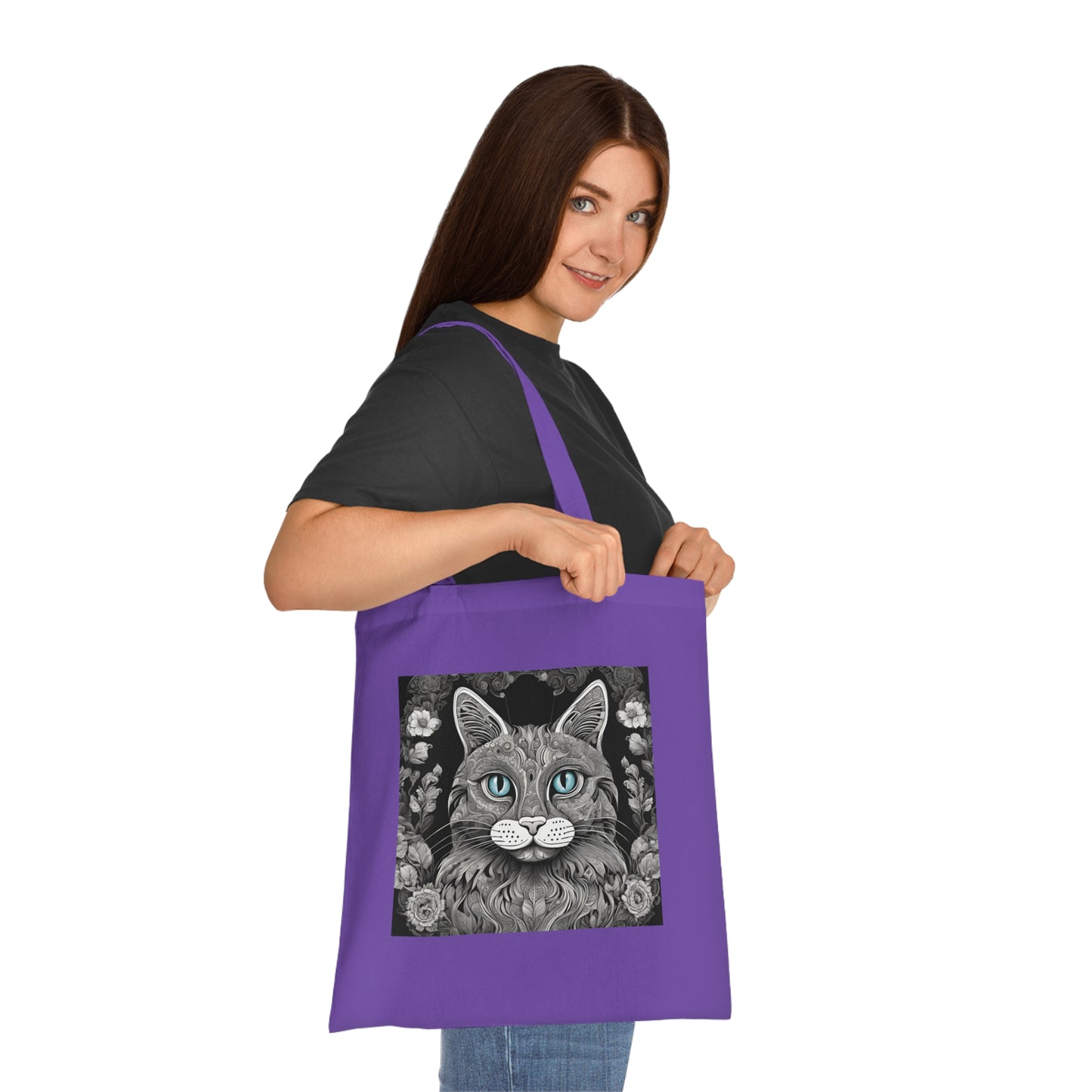 cat art tote bag lifestyle — mandala cat design, 30 cm handles, shoulder carry purple