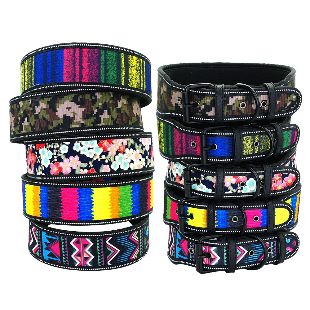 Collection of colorful dog collars with various patterns on a white background