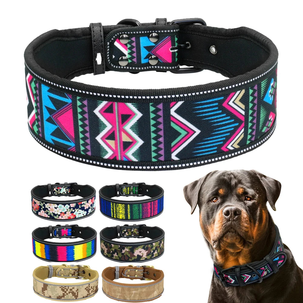 Dog collar with colorful geometric pattern on a white background, featuring a Rottweiler wearing the collar.