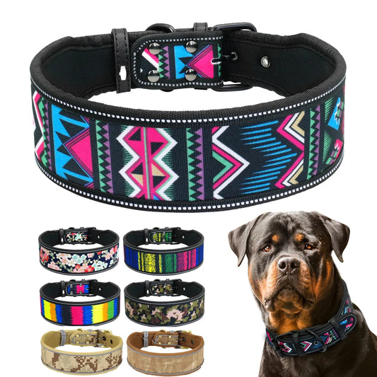 Dog collar with colorful geometric pattern on a white background, featuring a Rottweiler wearing the collar.