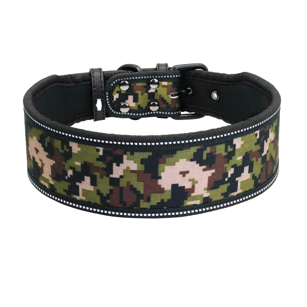 Camouflage-patterned dog collar with reflective trim on a white background