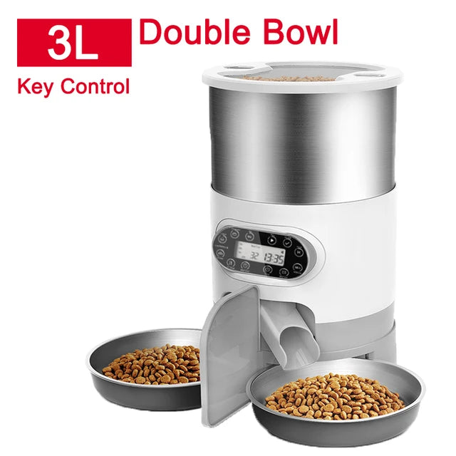 3L Double Bowl pet feeder with key control on a white background